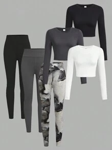 SHEIN Leap Crew Tween High Waist Girl Casual Fit Legging 3pieces Set, Dark Gray, Black, Tie-Dye All Over Printed 3 Color Multi-Pack/ Set, Suitable For Daily Wear, Homewear, Street Wear, Holidy, For Autumn Winter - Multicolor - View 11