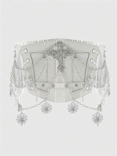 Goth 1 pezzo Accessorio per abito stile gotico con decorazione a catena di pizzo bianco e croce scheletro, Cintura elastica in vita, Decorazioni per il look di Ognissanti