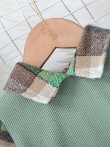 SHEIN 年轻女孩纯色拼布翻领长袖口袋休闲连衣裙 - 綠色 - 查看 5