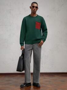 AKNOTIC Business Casual Áo len dệt kim cổ tròn thả vai dáng rộng cho nam, thiết kế khối màu, phù hợp cho mùa thu/đông, màu đỏ tía - Màu xanh lá cây đậm - Xem 3
