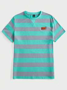 Manfinity Homme Áo thun nam tay ngắn họa tiết sọc Colorblock thường ngày - màu xanh lá - Xem 3