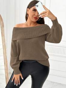 SHEIN Clasi Plus Size Solid Color Off-Shoulder Sweater, Casual For Autumn/Winter Knit Pullover Fall - Camel - View 1
