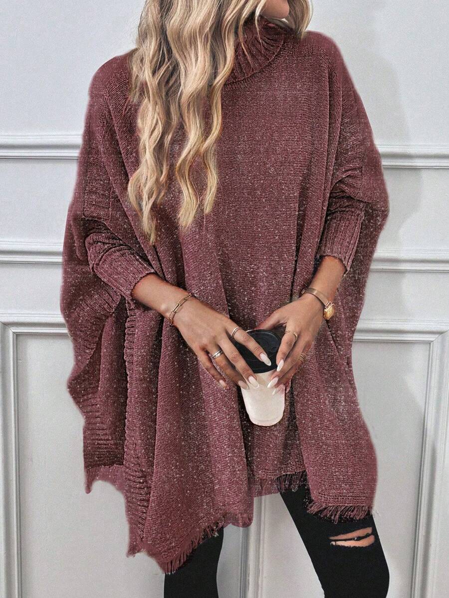 SHEIN LUNE Turtleneck Batwing Sleeve Asymmetrical Hem Knit Poncho Sweater Knit Pullover Fall Winter - Burgundy - View 1