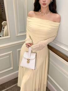 DAZY Women's Plain Off Shoulder Dress For Back-To-School Event, Birthday ,New Year Eve Prom Dress