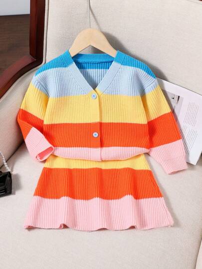 Young Girls Fashion Rainbow Multi-Color Striped Soft Loose Knitted Cardigan Matching Striped Knit Sweater And Skirt Set, Comfortable Soft Cardigan As Outer Wear, Suitable For Daily Wear And Outdoor