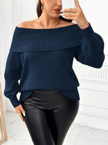 SHEIN Clasi 大码纯色露肩长袖简约套头毛衣，适合日常休闲穿着