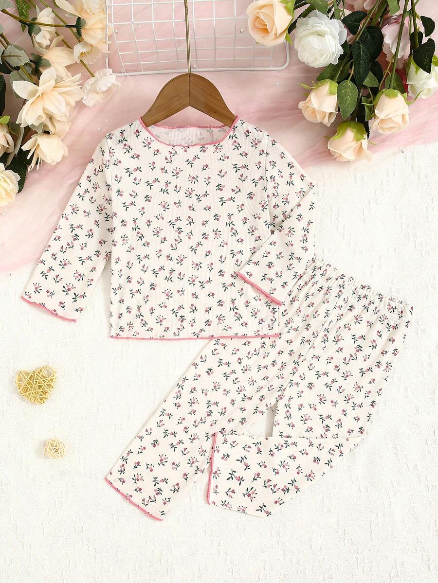 女宝宝杏色全印花优雅花卉图案长裤长袖休闲舒适两件套家居服 - 杏色 - 查看 1