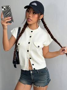 Flirla 休闲日常时尚设计针织毛衣背心，秋冬 - 白色 - 查看 1