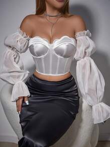 Zolique Women Colorblock Form-Fitting Off-Shoulder Elegant Long Sleeve Blouse For Holiday Party Clothes Fall Cloth For Women - White - View 5