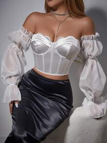 Zolique Women Colorblock Form-Fitting Off-Shoulder Elegant Long Sleeve Blouse For Holiday Party Clothes Fall Cloth For Women - White - View 4