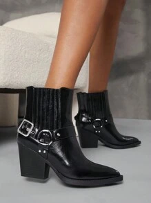 SHUZIA 女式黑色牛仔短靴，配有弹性松紧带、绑带和带扣 - 尖头，时尚、舒适、百搭，新年假期 - 黑色 - 查看 4