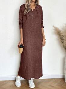 SHEIN LUNE Women Casual Long Sleeve Button Design Drop Shoulder Maxi Hooded Dress, Solid Color, For Autumn