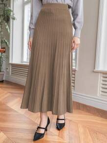 DAZY Women Plain Pleated Knit Skirt, Casual Daily Wear,Fall Clothes - Camel - View 5