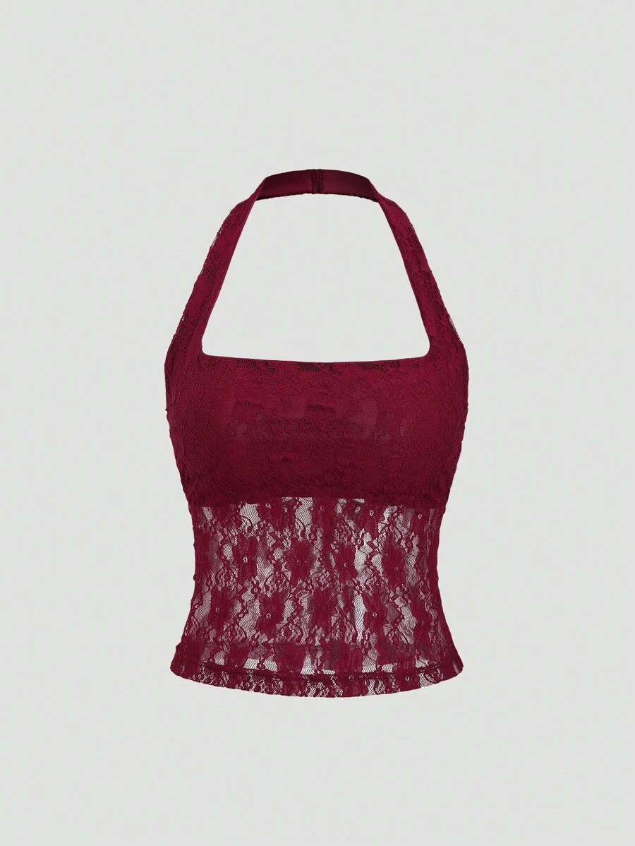 Sweetra Elegant And Sexy Solid Lace Halter Top Y2K Christmas Holiday Party For New Year Clothes