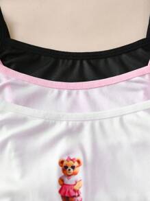 3件套可爱小熊印花吊带背心，适合青少年女孩，黑色/粉色/白色 - 彩色 - 查看 4