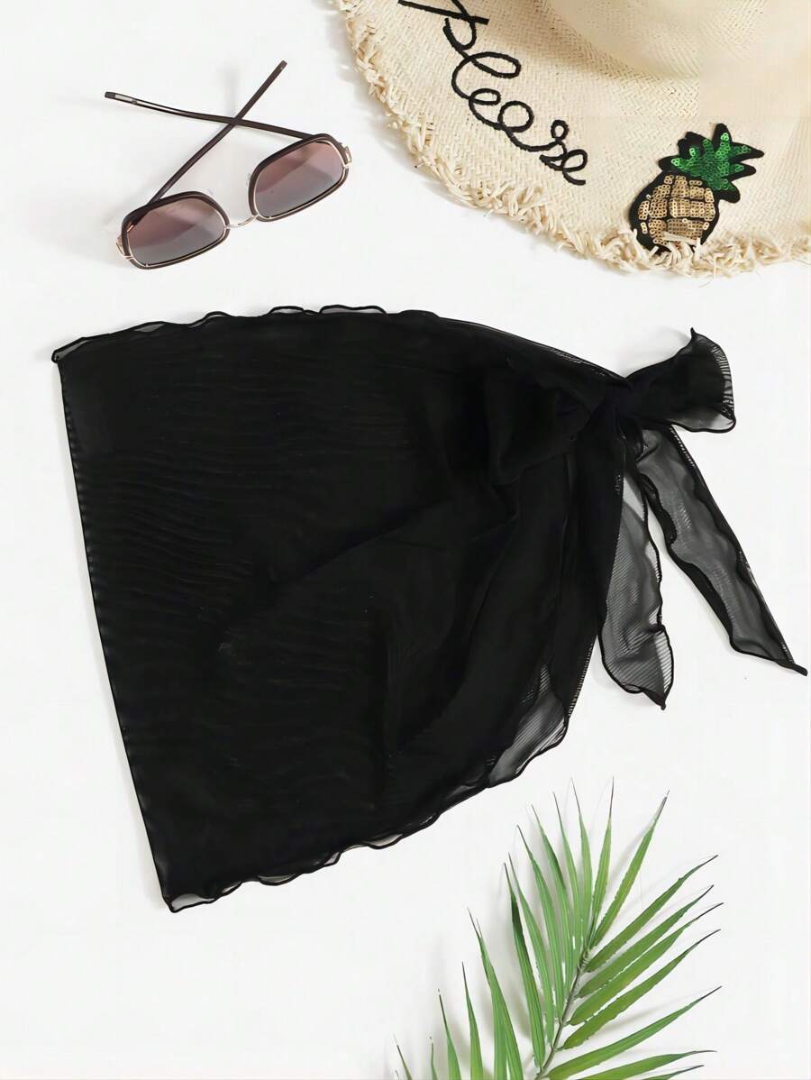 Swim Vcay Summer Beach Knot Waist Sheer Mesh Cover Up - Black - View 1