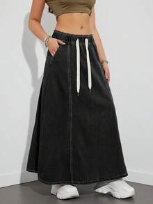 Falda vaquera negra casual de cintura elástica y corte holgado, de estilo estadounidense, de moda para primavera/verano - Negro - Ver 5