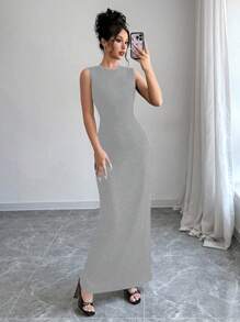 Chiquease Đầm dài ôm sát cổ tròn, trang phục Maxi không tay cho nữ - Màu Xám nhạt - Xem 4
