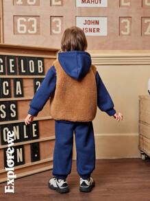 SHEIN 3pcs/Set Young Boys Outfit With Hooded Sweatshirt,Sweatpants & Fleece Vest,Embroidered Letter,Comfortable Autumn Back-To-School Winter Clothes,School - Multicolor - View 6