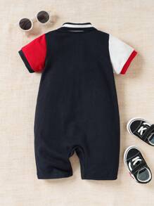 Souflis Souflis 男寶寶休閒大學風雅緻日常穿著刺繡連身衣，翻領設計，適合春夏出遊 - 寶藍色 - 查看 2