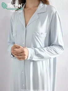 Ocili 女士纯色长袖单排扣口袋宽松睡袍 - 淺藍色 - 查看 6