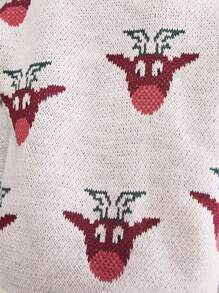 SHEIN 年轻女孩白色全印花套头衫，圆领，长袖，简约细节，适合日常休闲装、秋冬季、圣诞节 - 米色 - 查看 3