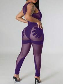 Slaydiva Bộ đồ liền thân không tay lưới họa tiết cây cọ gợi cảm và quần legging dài lưới họa tiết cây cọ - Màu tím - Xem 1