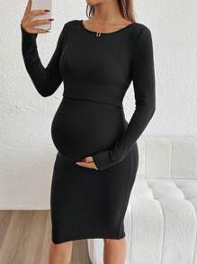 SHEIN Plain Round Neck Long Sleeve Simple Nursing Top, Casual Everyday Wear