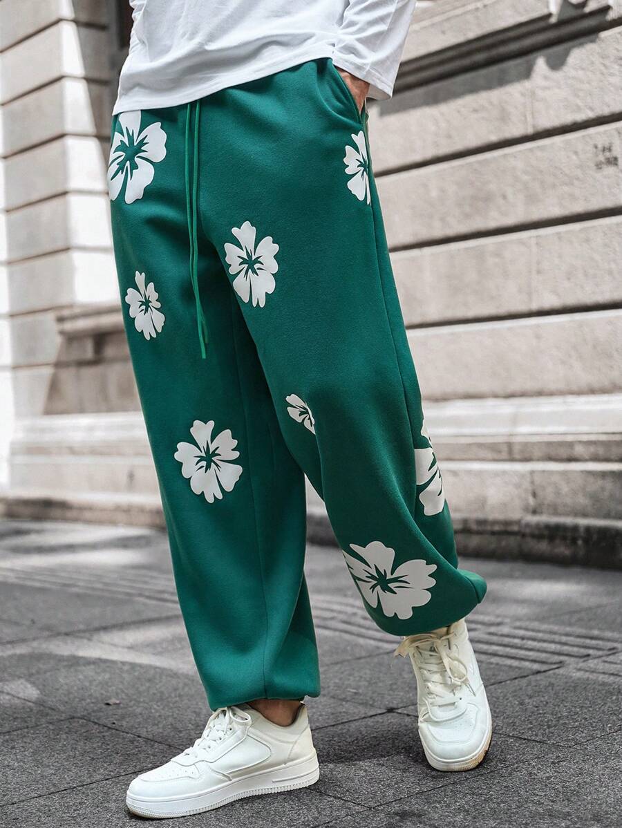 Manfinity VCAY Men's Floral Print Elastic Waist Loose Straight Leg Track Pants, Casual And Fashionable Graphic Jogging Pants Casual Urban Sweatpants, For Husband, Boyfriend Gifts - Dark Green - View 1