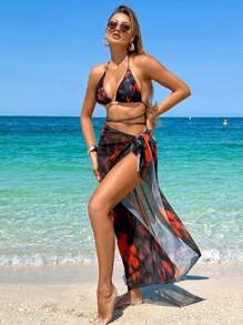 Conjunto de 3 piezas de traje de baño para mujer: traje de baño sexy con estampado de teñido anudado y falda maxi de playa de verano