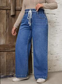 SHEIN LUNE Plus Size Tie Front Pocket Simple Design Casual Jeans