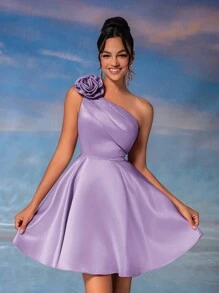 Lovelzi Elegant Fancy Pink 3D Floral One Shoulder Swing Peplum Cocktail Party Mini Dress, Semi Formal Prom Dress, For Birthday, Wedding Guest, Graduation Homecoming