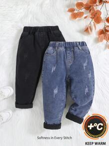 Cozy Pixies 2pcs/Set Young Boys' Fashion Stonewashed Baggy Soft Thermal Lined Denim Jeans Pants, Young Boys Fall Winter Clothes Outfits