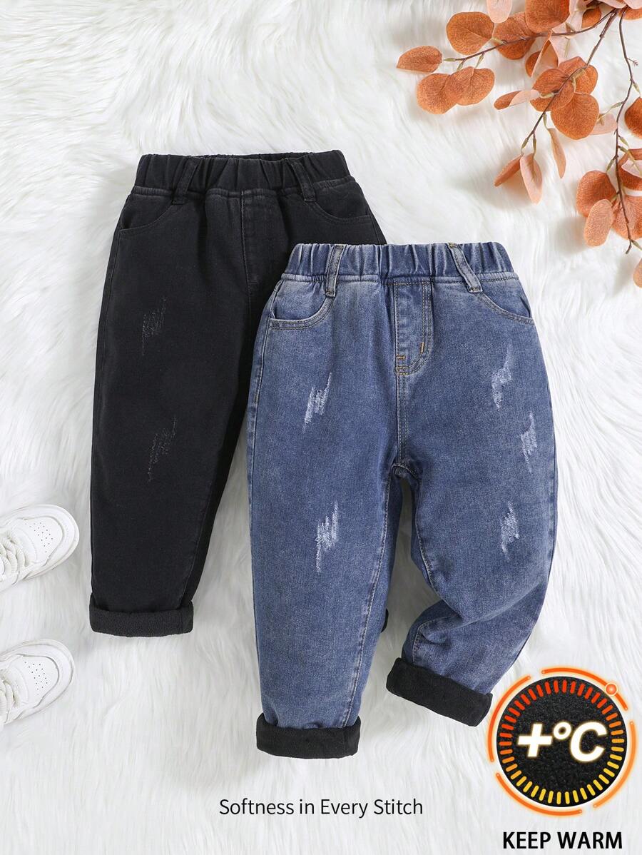 Cozy Pixies 2pcs/Set Young Boys' Fashion Stonewashed Baggy Soft Thermal Lined Denim Jeans Pants, Young Boys Fall Winter Clothes Outfits
