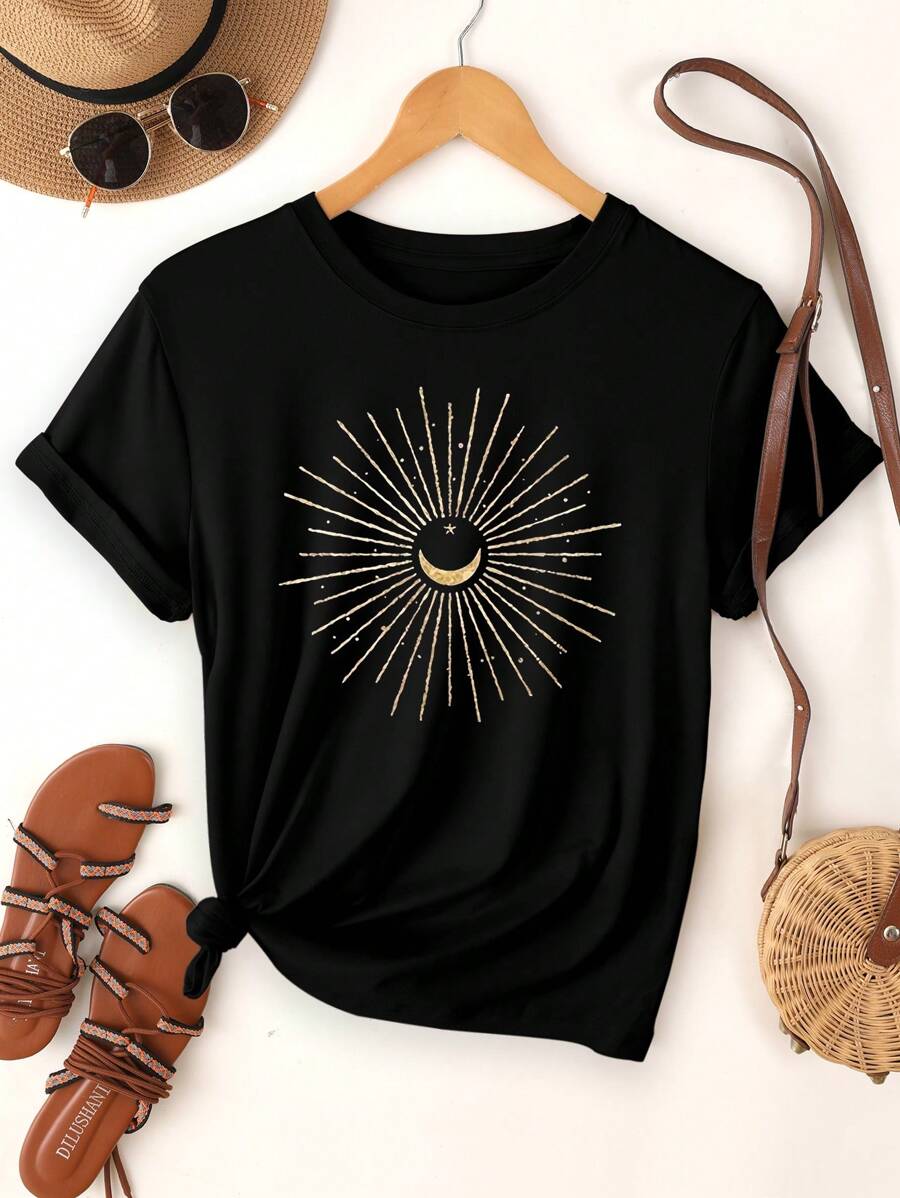 SHEIN LUNE 女式短袖 T 恤，带有极简主义星月图案，圆领图案 T 恤女式上衣 - 黑色 - 查看 1