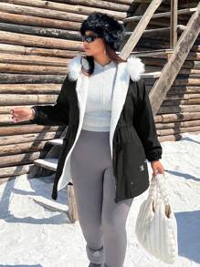 SHEIN EZwear 大码女式保暖夹棉大衣，黑色，适合寒冷天气，适合冬季 - 黑與白 - 查看 1