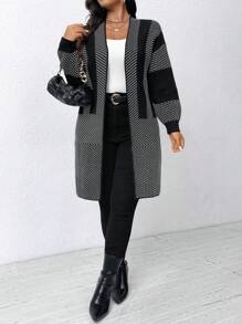 Plus Size Colorblock Patchwork Mid-Length Casual Cardigan, For Autumn/Winter Fall Cloth For Women - Multicolor - View 5