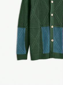 Manfinity VCAY Áo khoác cardigan dáng rộng, trễ vai, họa tiết kẻ caro tương phản, thường ngày cho nam, dành cho mùa thu đông - Màu xanh lá cây đậm - Xem 4