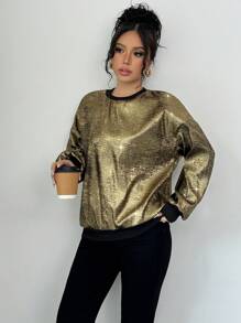 Chiquease 2024秋季新款女士宽松长袖卫衣，金色箔印图案，中长款，适合新年假日派对穿着。 - 金色 - 查看 6