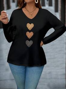 EMERY ROSE Camiseta negra de manga larga con cuello en V, estampado de corazón de bordado falso, talla grande, informal, adecuada para otoño/invierno - Negro - Ver 5