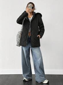 SHEIN EZwear 冬季新款黑色绗缝可拆卸蓬松连帽棉服外套 - 黑色 - 查看 5