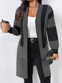 Plus Size Colorblock Patchwork Mid-Length Casual Cardigan, For Autumn/Winter Fall Cloth For Women - Multicolor - View 1