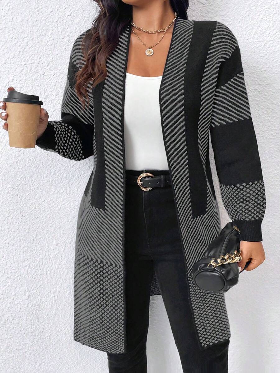 Plus Size Colorblock Patchwork Mid-Length Casual Cardigan, For Autumn/Winter Fall Cloth For Women - Multicolor - View 1