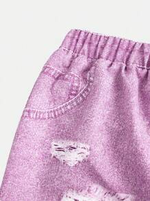 SHEIN 2 件套青少年（女孩）条纹衬衫和印花裤休闲筒裙裤装，日常穿着 - 粉色 - 查看 4