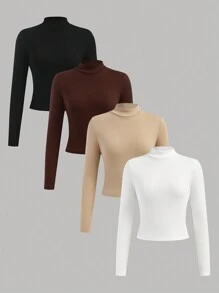 Girlism Set de 4 camisetas de manga larga con cuello alto, estilo corto, de punto, casuales y versátiles en colores blanco, albaricoque, marrón y negro para adolescentes, compra 1 y lleva 3 gratis - Multicolor - Ver 9
