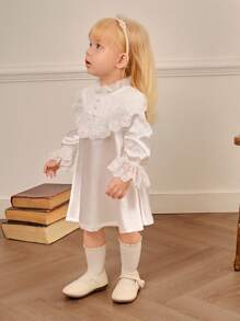 SHEIN Vestido de satén y encaje con mangas largas, estilo princesa elegante para niñas bebé, bautizo y ocasiones formales - Blanco - Ver 5