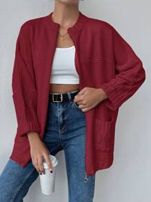 EURMUSE Casual Solid Color Batwing Sleeve Cardigan With Double Pockets, Autumn/Winter - Burgundy - View 5