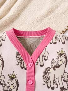 Kleine Mädchen Süße Cartoon Einhorn Rundum-Muster Jacquard Kontrastbesatz Strickjacke, geeignet für Ausgänge, Fotoshootings, Veranstaltungen - Verschiedenfarbig - Übersicht 5