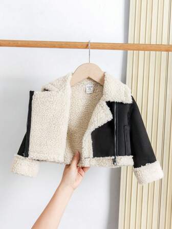 SHEIN Wildeya Baby Mädchen High Street Mode Lässig Verdickte Wärmeisolierte Jacke mit Velourskragen und Langarm, Herbst/Winter