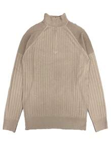 Manfinity Hypemode Men's Loose Fit Raglan Sleeve Zip-Up Half Placket Plain Casual Pullover Long Sleeve Sweater, Autumn/Winter, For Going Out, Husband - Khaki - View 1